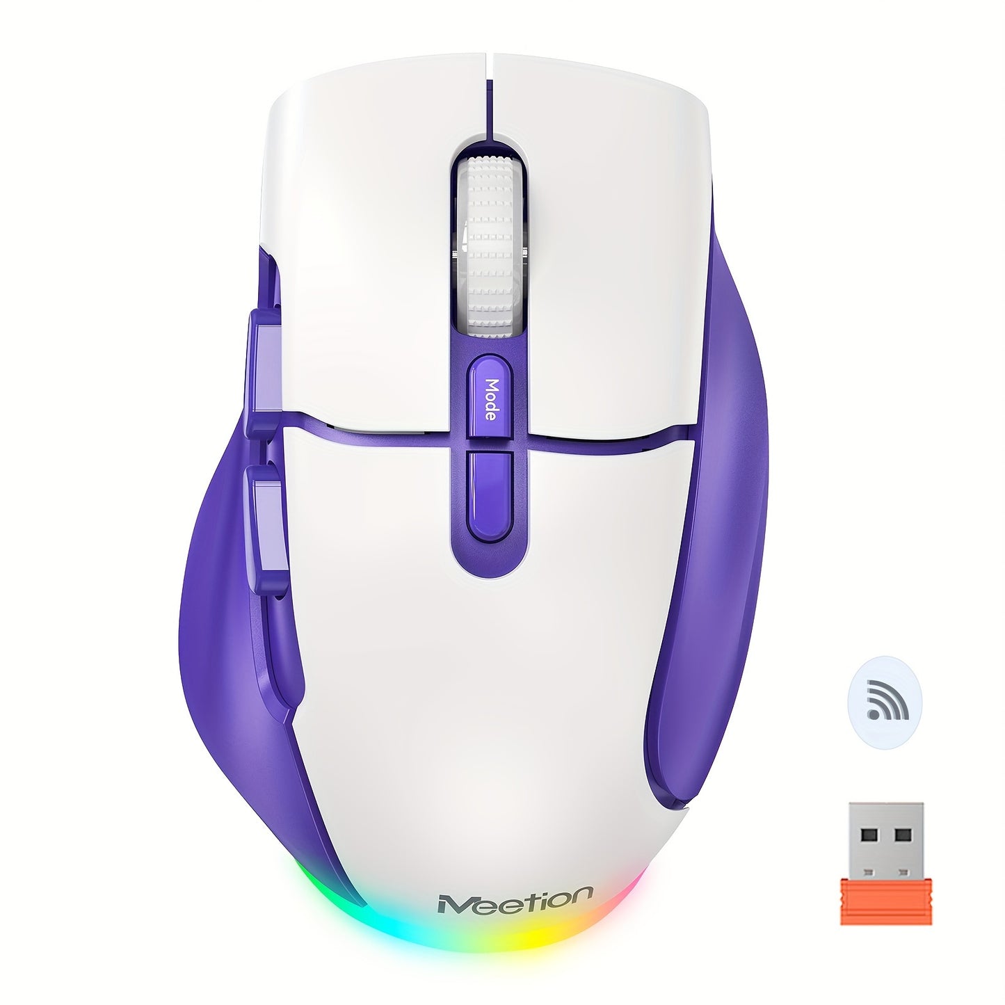 MEETION Wireless Mouse For Laptop, USB And BT Connectivity, Rechargeable, Ergonomic Mouse For Laptops, IPad, Compatible With Windows, MacOS, Android, IOS, Purple White