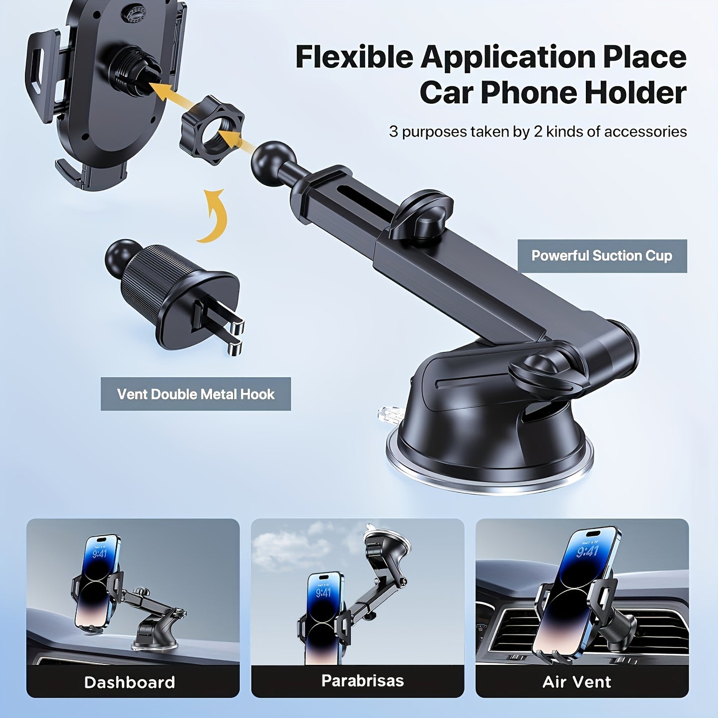 Miracase 3-in-1 Car Phone Mount - Super Suction Dashboard & Air Vent Holder with Telescopic Arm, Adjustable Cradle for All Phones, Quick Release, Durable Metal Hooks - Perfect Christmas Gift