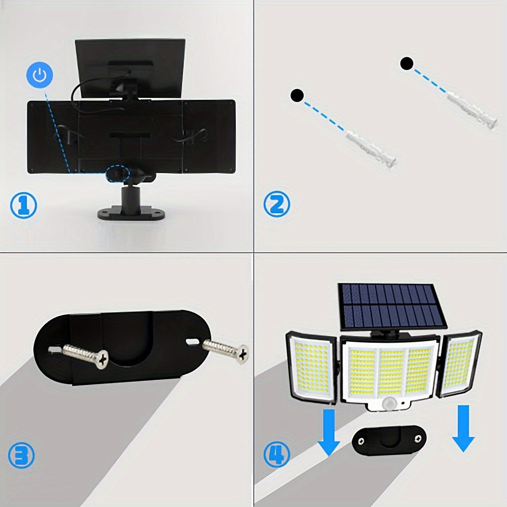 2pcs/4pcs Solar Motion Sensor Lights, 348 LED 2500 Lumens Solar Outdoor Lights with Remote, IP65, 3 Head, 270 ° Wide-angle Motion Sensor Lights Outdoor, 3 Patterns Of Wall Lights Solar Security Flood Lights for Patio, Garden