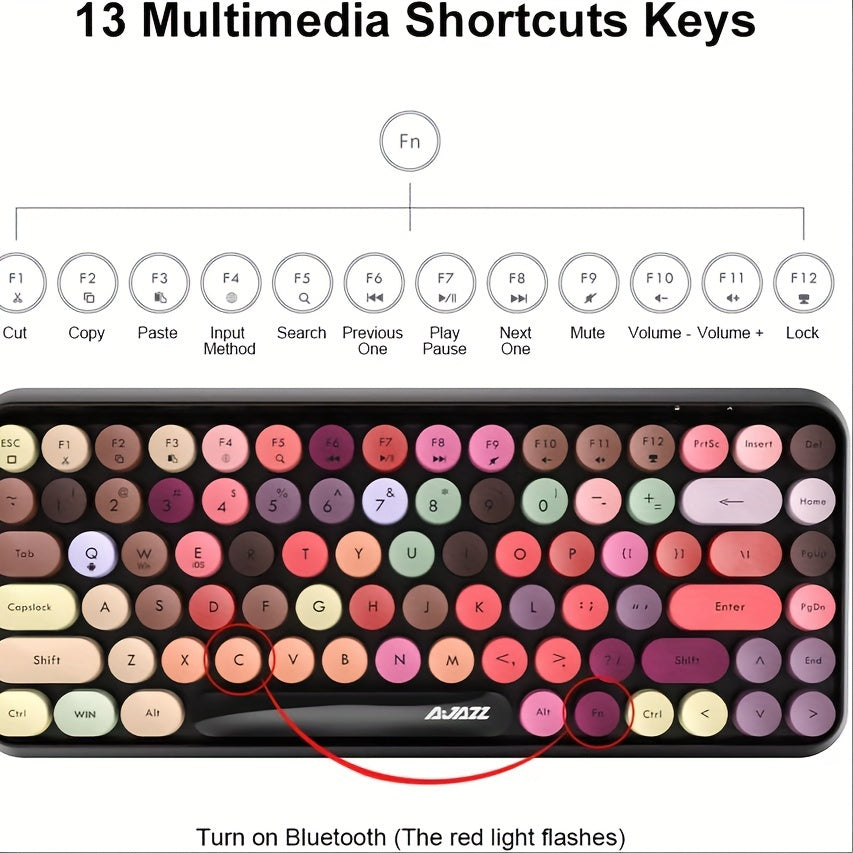 AJAZZ NACODEX 84 Keys Pink Wireless Keyboard With Cute Retro Round Keycaps, Comfortable Ergonomic Typewriter Keyboard Compatible With Android Windows IOS Suitable For Home And Office Keyboards