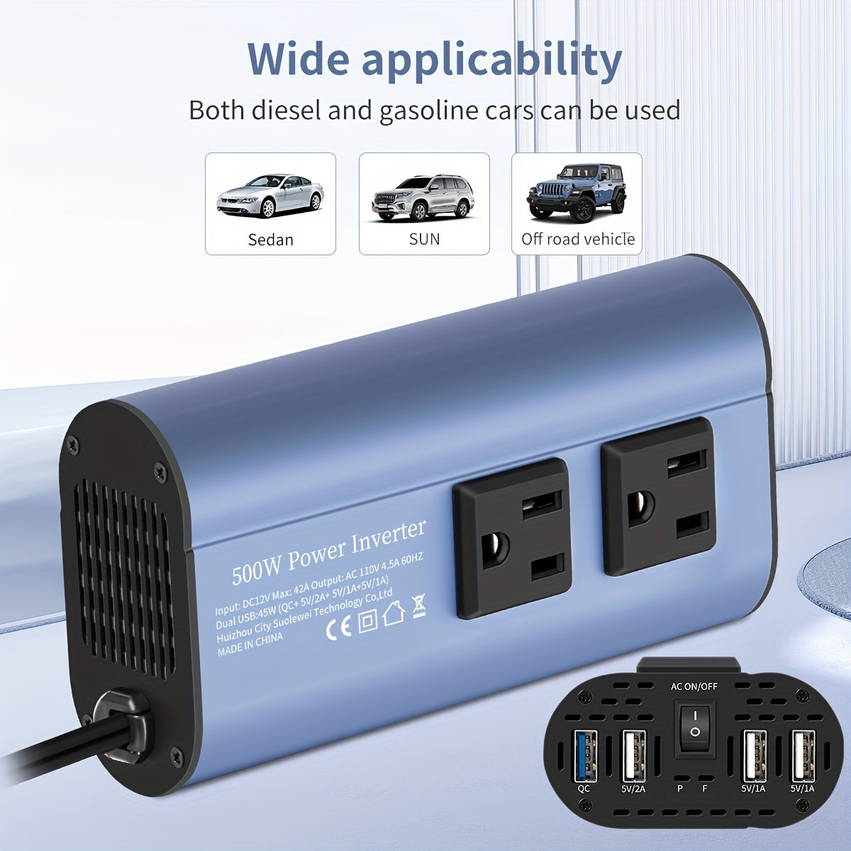 Car Power Inverter Converter - 500W Peak, DC 12V to AC 110V, LCD Display, Dual AC Outlets, 4 USB Car Chargers, Suitable for Cars, Homes, Laptops, Trucks, US Plug Car