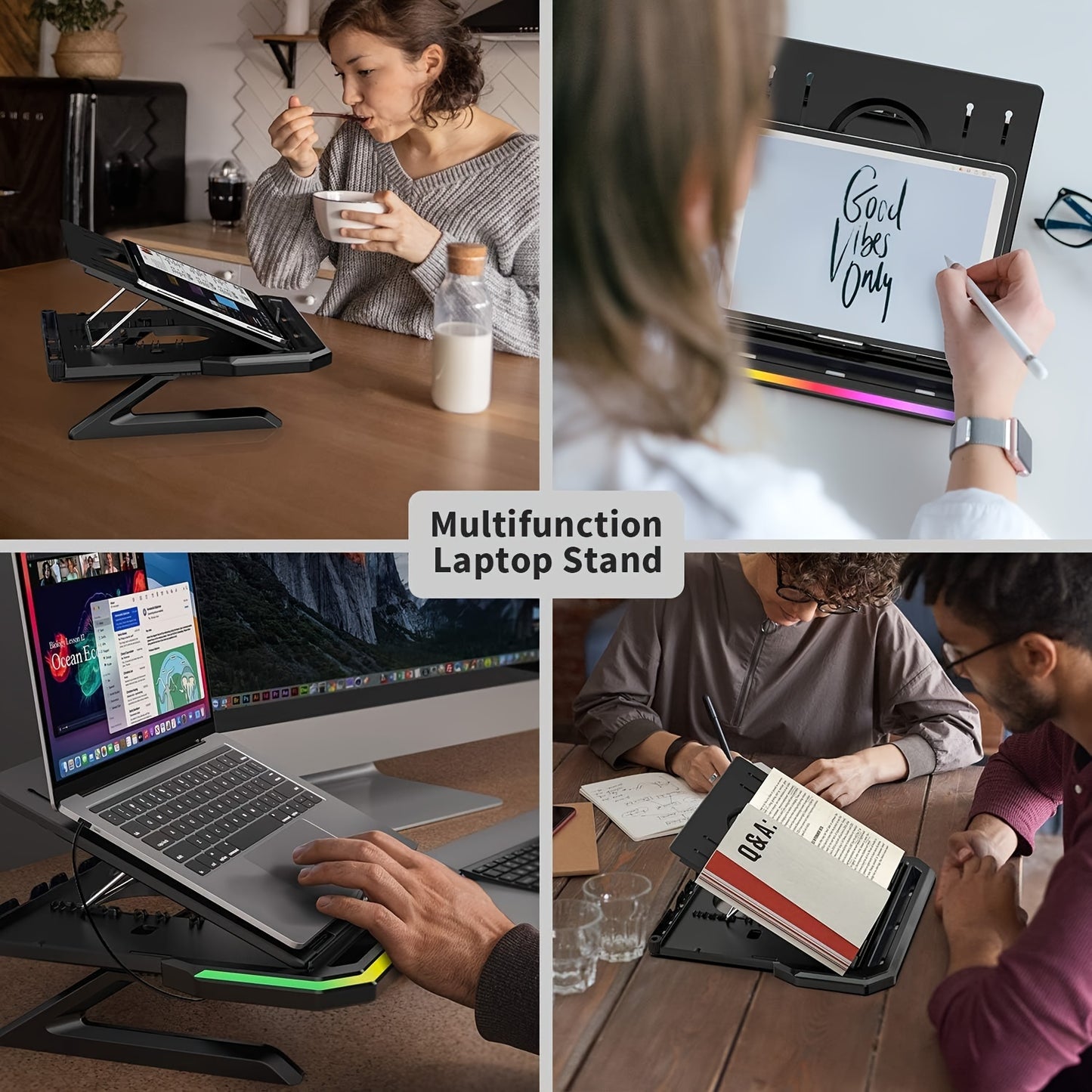 Laptop Stand With Two Mobile Phone Holders Height-Adjustable Notebook Stand With RGB Lighting Laptop Holder Compatible With MacBook Surface Samsung Dell 10-17 Inch Laptops