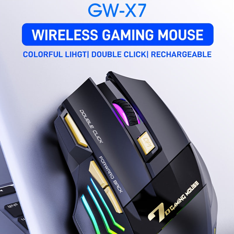 MCPIWOHY Gaming Mouse 2.4G Wireless with RGB Breathing Light, 7 Programmable Buttons, 500mAh Rechargeable Battery, Type-C Charging, 7200 DPI, Right-Handed Design for Windows 10, Wireless Mouse for Laptop