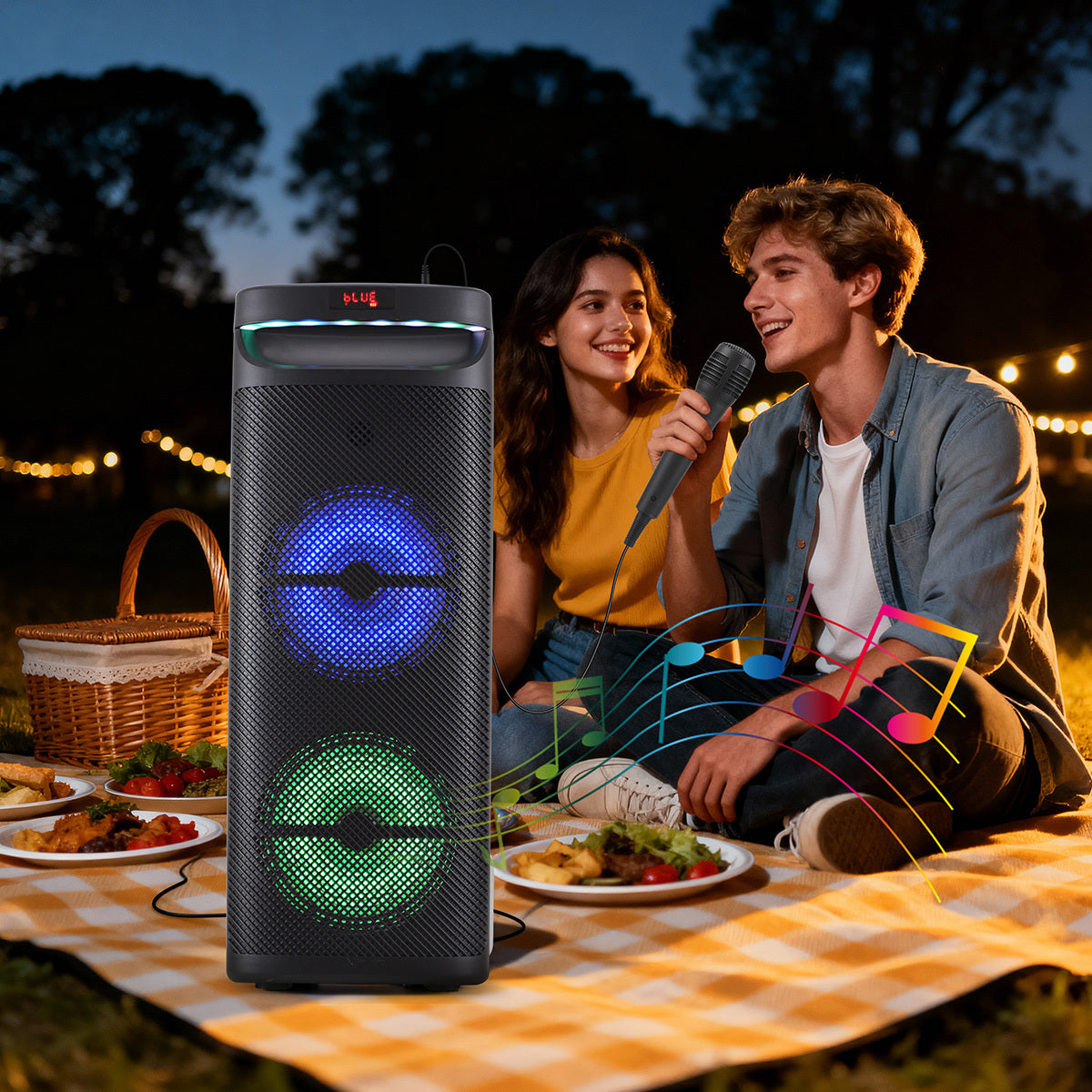 Portable Wireless PA Speaker, Bluetooth Speakers Loud Sound Powerful Subwoofer System, Support AUX USB FM Wired Microphone Audio Input, Built-in Rechargeable Battery Speaker with LED Light, Wired Microphone and Remote Control