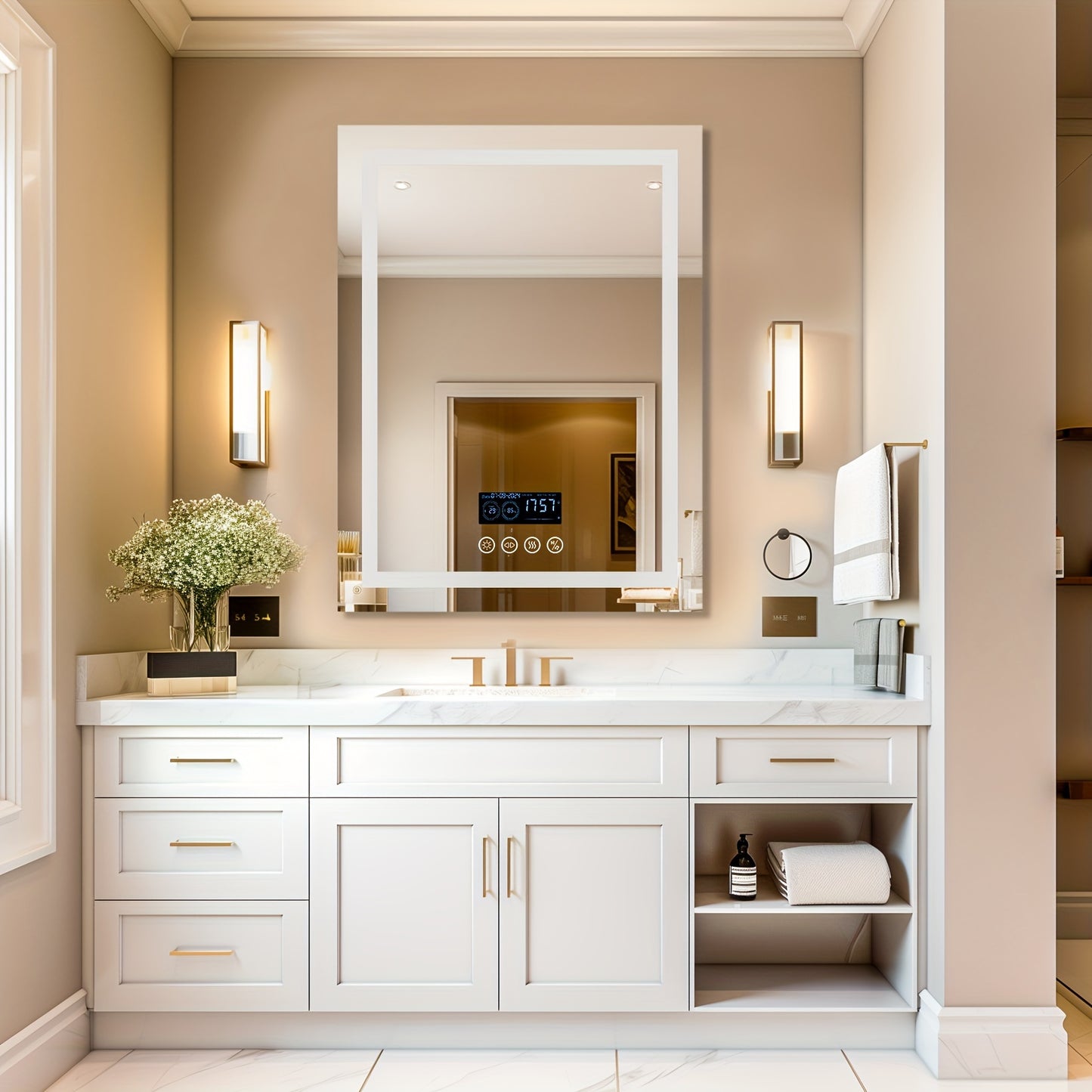 28" X 36" LED Lighted Bathroom Mirror Lighted Bathroom Music Mirror With Dual LED Light Strips Smart Wall Vanity Mirror, Front-lit, Dimming, Date And Time