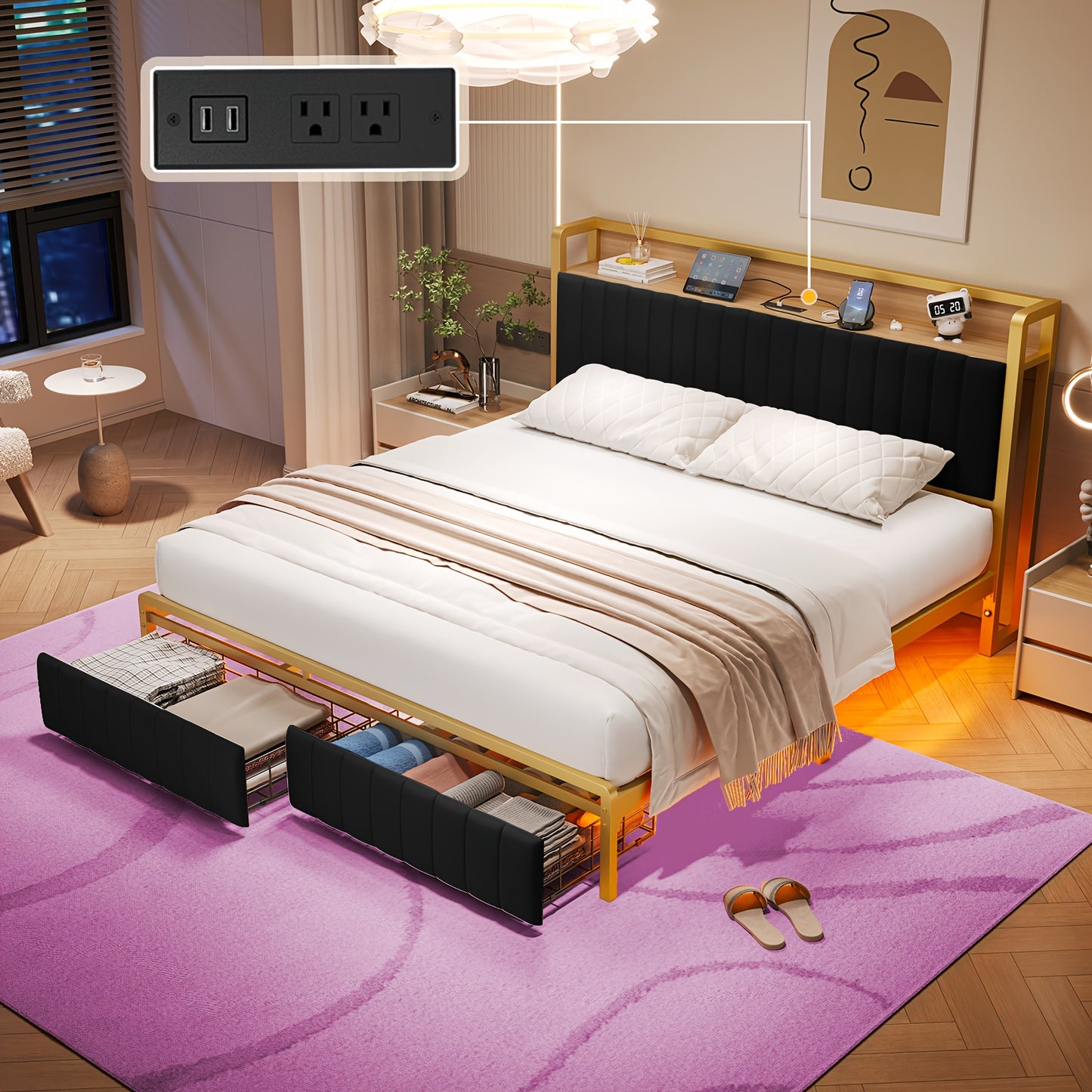 PaPaJet Bed Frame with Motion Sensor Lights and Integrated Drawer Velvet Platform Bed, Storage Headboard/Charging Station/Noiseless/Easy to Assemble