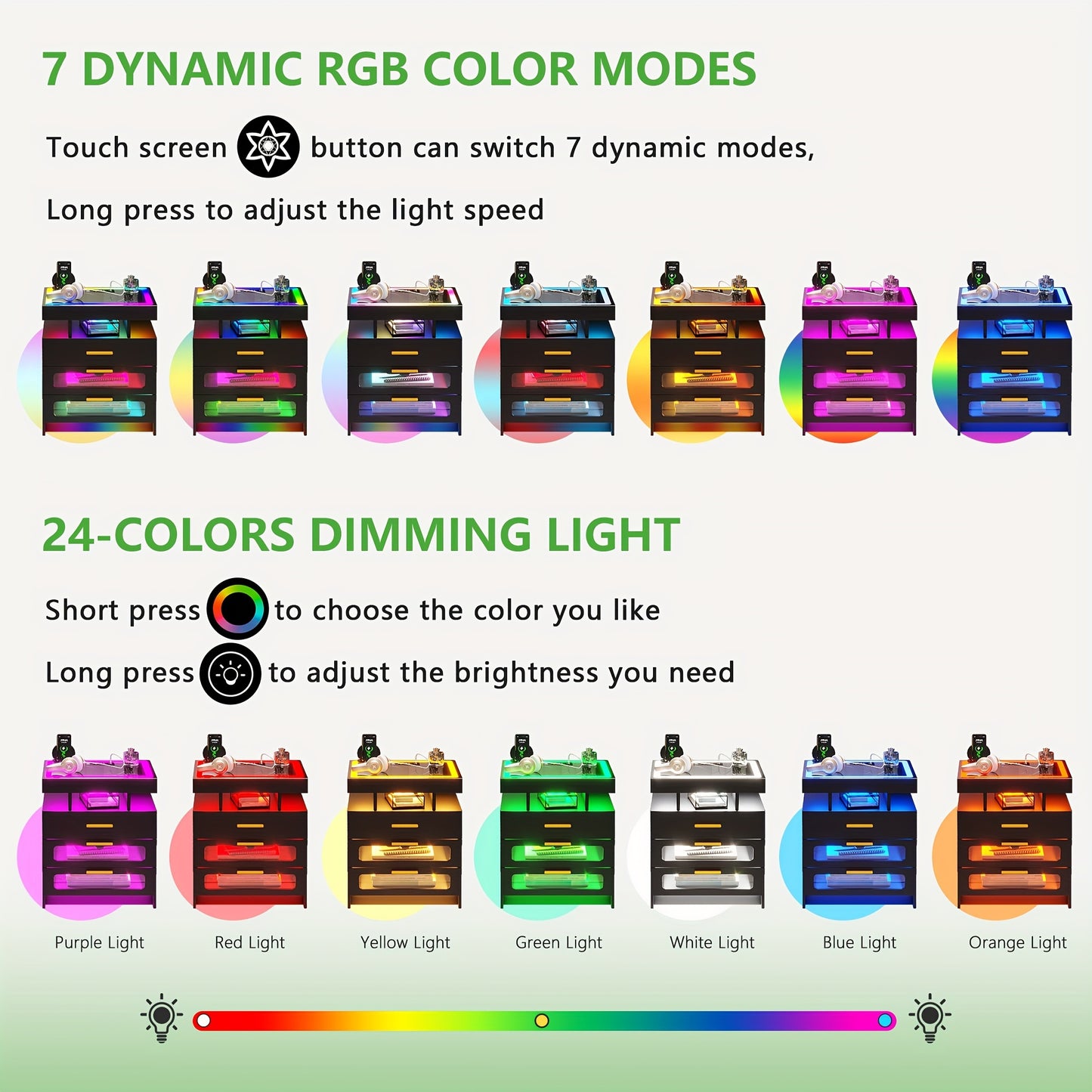 HNEBC Smart Nightstand With Charging Station, Bedside Table With 2 Drawers & One Jewelry Storage, RGB LED Night Stand With Motion Sensor Lights, Side Table With Glass Top/Remote Control