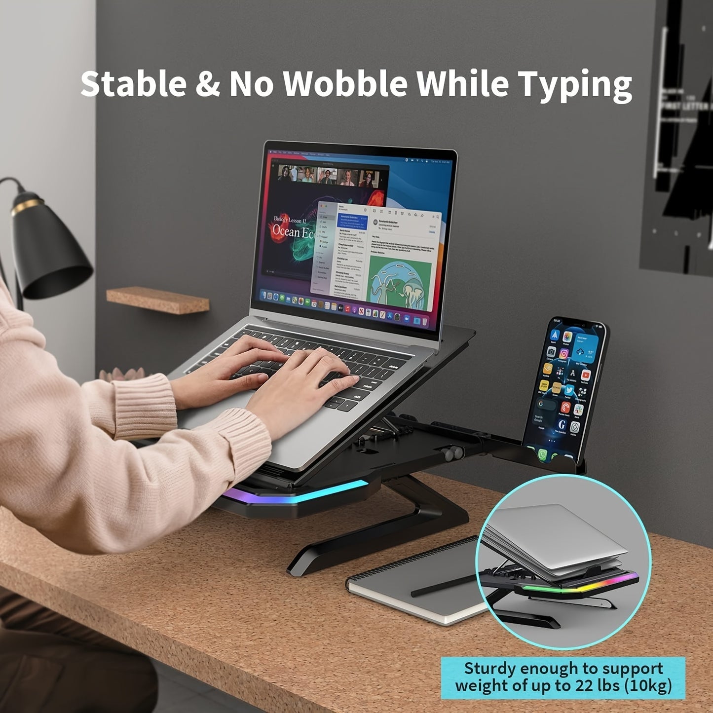 Laptop Stand With Two Mobile Phone Holders Height-Adjustable Notebook Stand With RGB Lighting Laptop Holder Compatible With MacBook Surface Samsung Dell 10-17 Inch Laptops