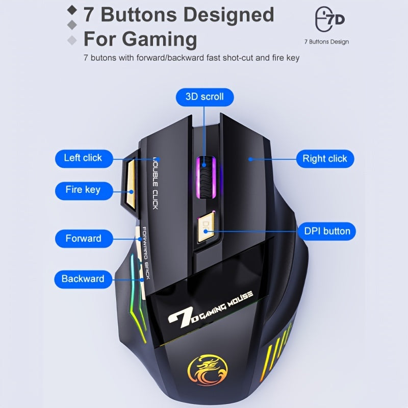 MCPIWOHY Gaming Mouse 2.4G Wireless with RGB Breathing Light, 7 Programmable Buttons, 500mAh Rechargeable Battery, Type-C Charging, 7200 DPI, Right-Handed Design for Windows 10, Wireless Mouse for Laptop