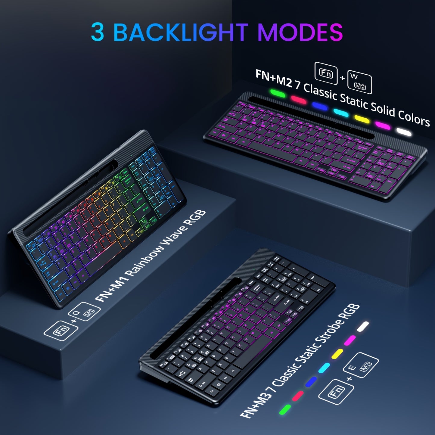 Wireless Keyboard and Mouse Combo - 15 Backlit Effects, Rechargeable, Silent, 2.4G, Type C Adapter, Phone/Tablet Holder - Perfect for PC, Laptop, MacBook, and More