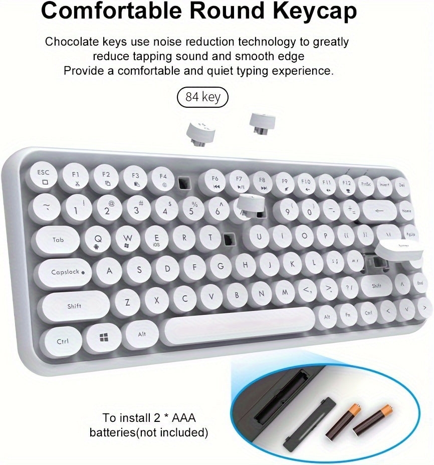 AJAZZ NACODEX 84 Keys Pink Wireless Keyboard With Cute Retro Round Keycaps, Comfortable Ergonomic Typewriter Keyboard Compatible With Android Windows IOS Suitable For Home And Office Keyboards