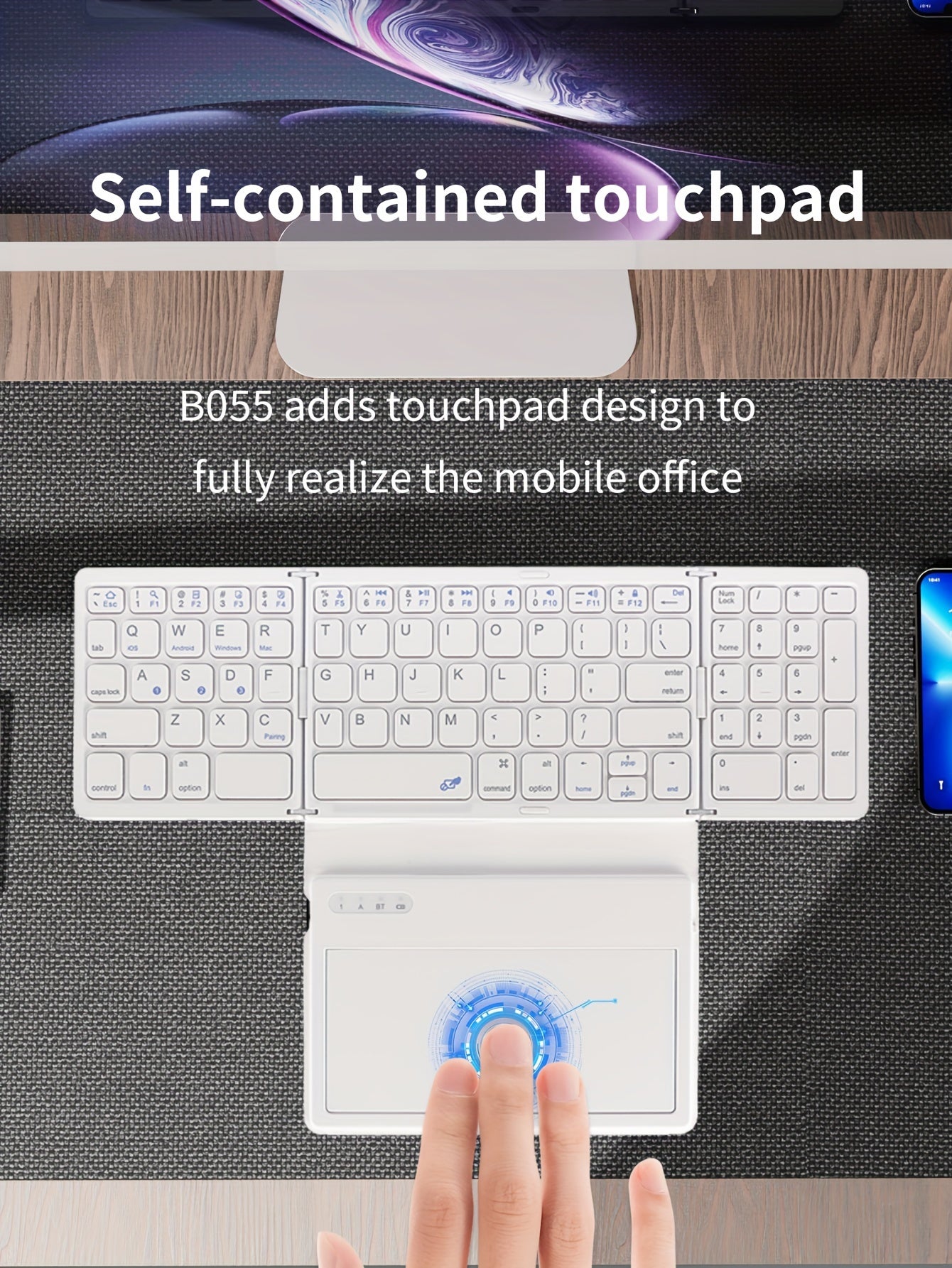 1pc JOMAA Compact Folding Wireless Keyboard for iPad Air 2, Touchpad Design, Windows 10 Compatible, USB Cable Included, Rechargeable Polymer Battery, Smart Hand Orientation, Wireless Connectivity