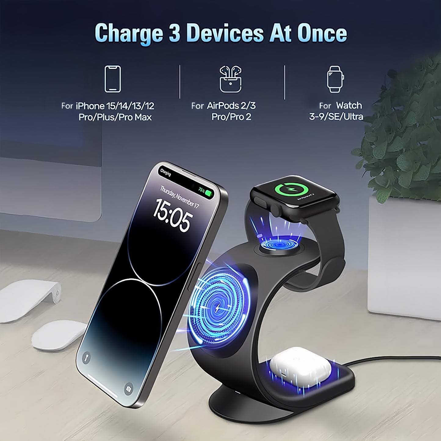 Triple Mode Magnetic Wireless Charger Stand - Wireless Chargers - 3-in-1 Fast Charging Solution for iPhone 16, 15, 14, 13, 12 Pro Max/Pro/Mini/Plus, iWatch SE/8/7/6/5/4/3/2, and AirPods with Compact Design and Safe Charging