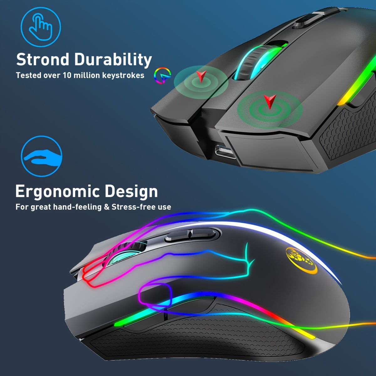 HXSJ RGB Wireless Mouse - 2.4G, Rechargeable with USB Plug & Play, Adjustable DPI up to 4800, Optical Sensor for Gaming and Office Use, Black/White