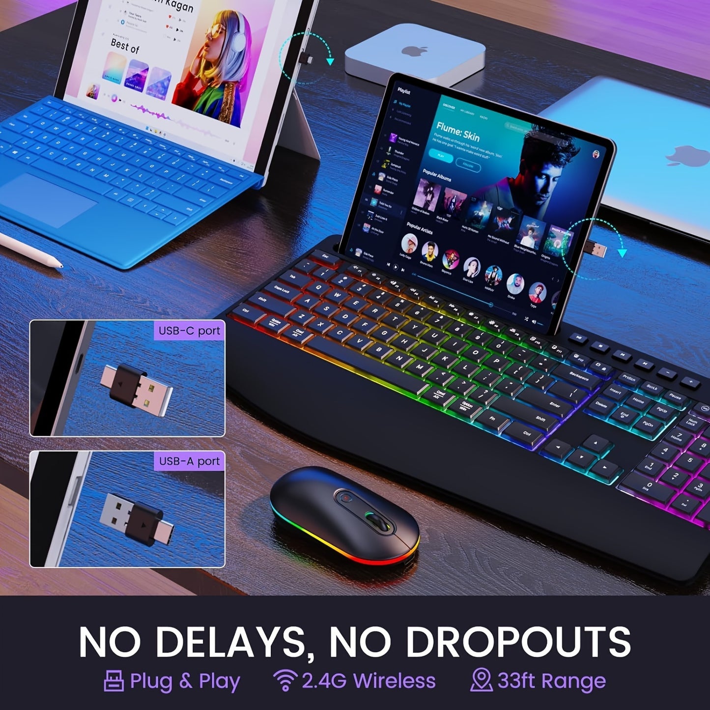 Wireless Keyboard and Mouse RGB Backlit- 2.4G Rechargeable Keyboard Full-Size with Phone/Tablet Holder, Silent Ergonomic Wireless Keyboard Mouse Combo for Computer, PC, Laptop