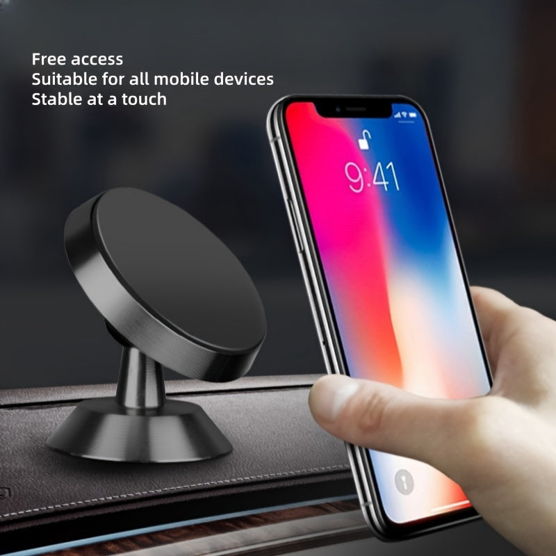 Magnetic Car Phone Mount, Aluminum Alloy Strong Magnet Holder, 360° Rotation Dashboard Stand, Waterproof, Universal Compatibility with Smartphones, No Charge Needed, Metal Bracket with 4 Powerful Built-in Magnets