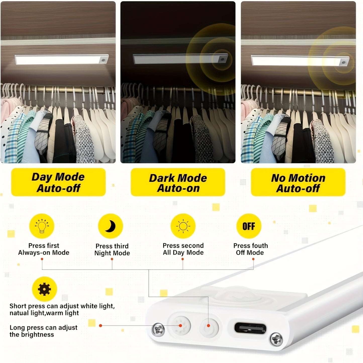 [LED Motion Sensor Lights] 2/4pcs LED Motion Sensor Under Cabinet Lights - 3 Color Temperatures Wireless USB Rechargeable Night Light - Indoor Closet Lights, Stick-On Anywhere Magnetic Under-Counter Light Fixtures