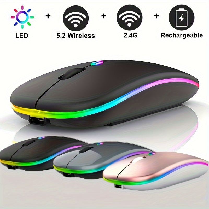 Ergonomic Wireless Mouse with RGB Lighting - Dual Mode 2.4G/5.0G - Portable USB Receiver - Compatible with PC, Laptop, Tablet - Curved Design for Comfortable Use - 400mAh Rechargeable Battery