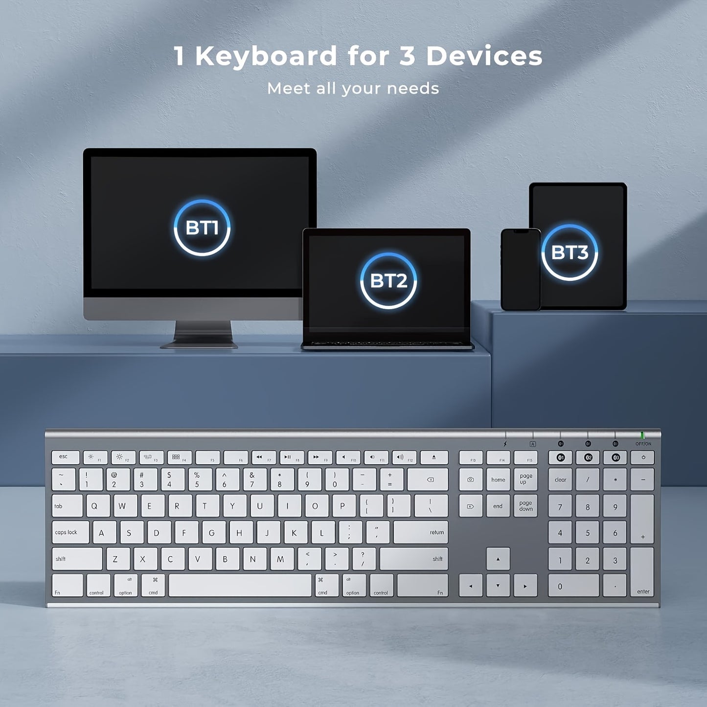 BT Keyboard for Mac- Rechargeable Full Size Keyboard for THREE Devices, Slim Quiet Keyboard with Numeric Keypad Compatible for MacBook Pro/Air, IMac, for iPhone, for iPad Pro/Air/Mini