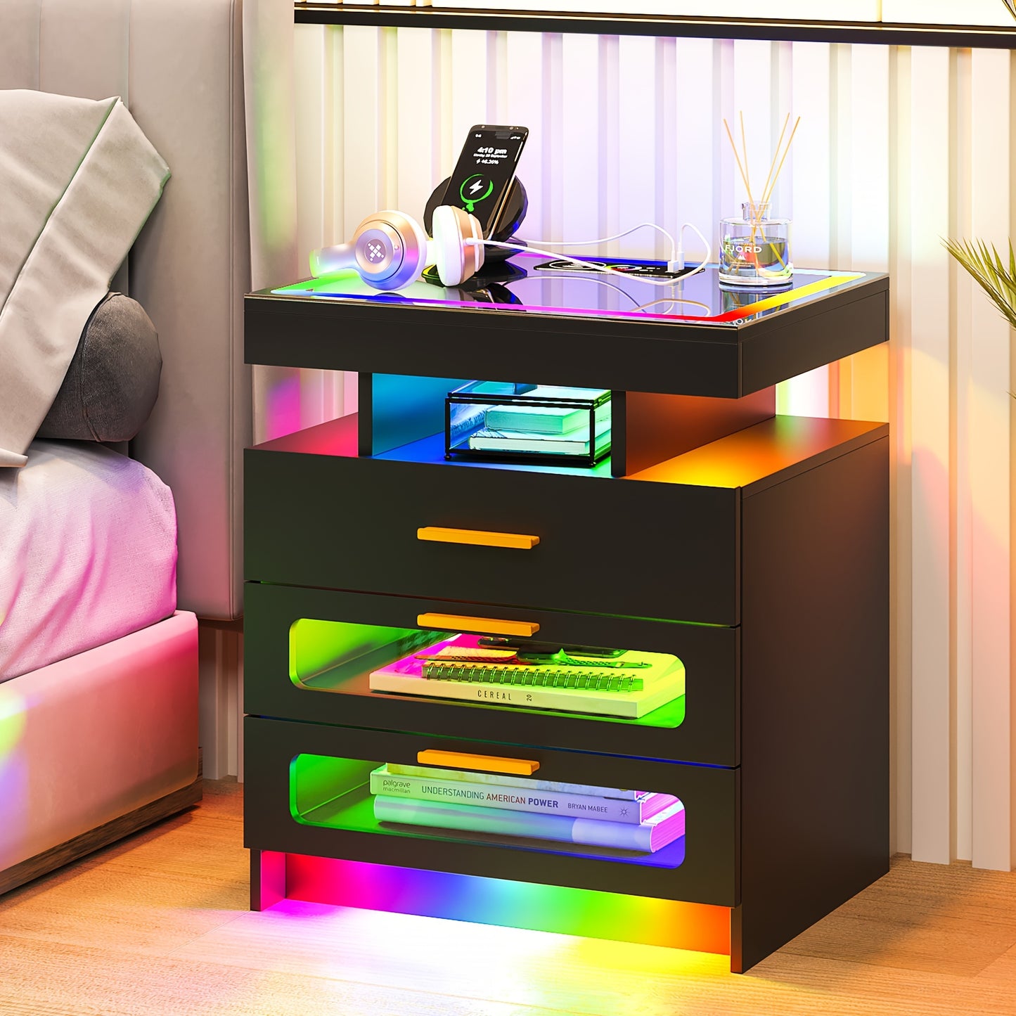 HNEBC Smart Nightstand With Charging Station, Bedside Table With 2 Drawers & One Jewelry Storage, RGB LED Night Stand With Motion Sensor Lights, Side Table With Glass Top/Remote Control