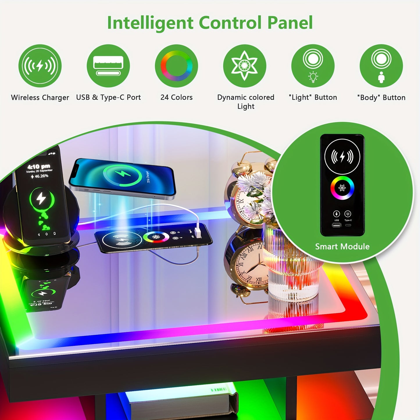 HNEBC Smart Nightstand With Charging Station, Bedside Table With 2 Drawers & One Jewelry Storage, RGB LED Night Stand With Motion Sensor Lights, Side Table With Glass Top/Remote Control