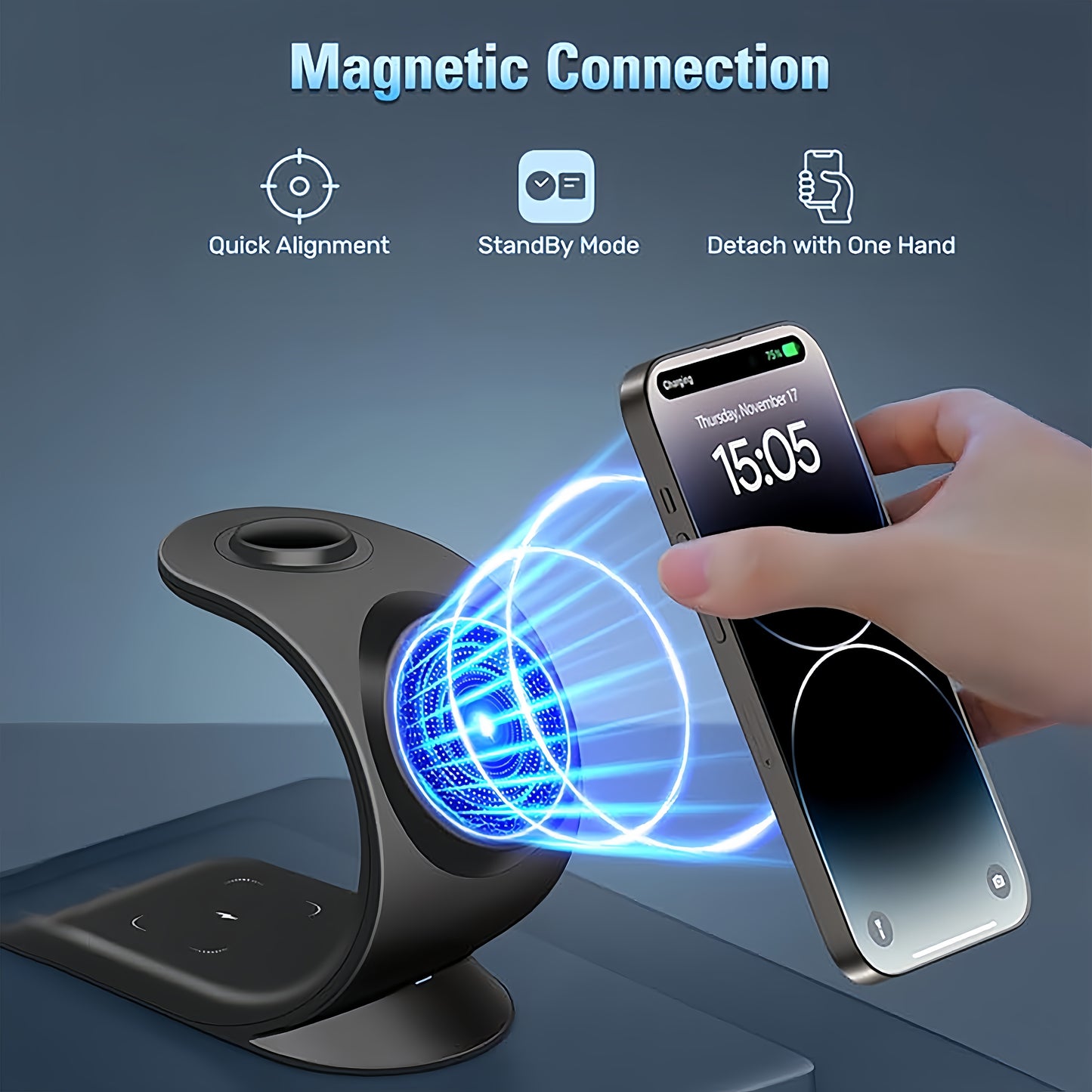Triple Mode Magnetic Wireless Charger Stand - Wireless Chargers - 3-in-1 Fast Charging Solution for iPhone 16, 15, 14, 13, 12 Pro Max/Pro/Mini/Plus, iWatch SE/8/7/6/5/4/3/2, and AirPods with Compact Design and Safe Charging
