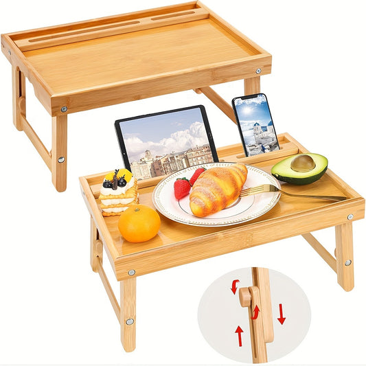 Adjustable Bamboo Bed Tray Table - 2pcs Folding Laptop Desk with Phone Holders - Space Saving, Easy Storage, 15.7x11x7.2in