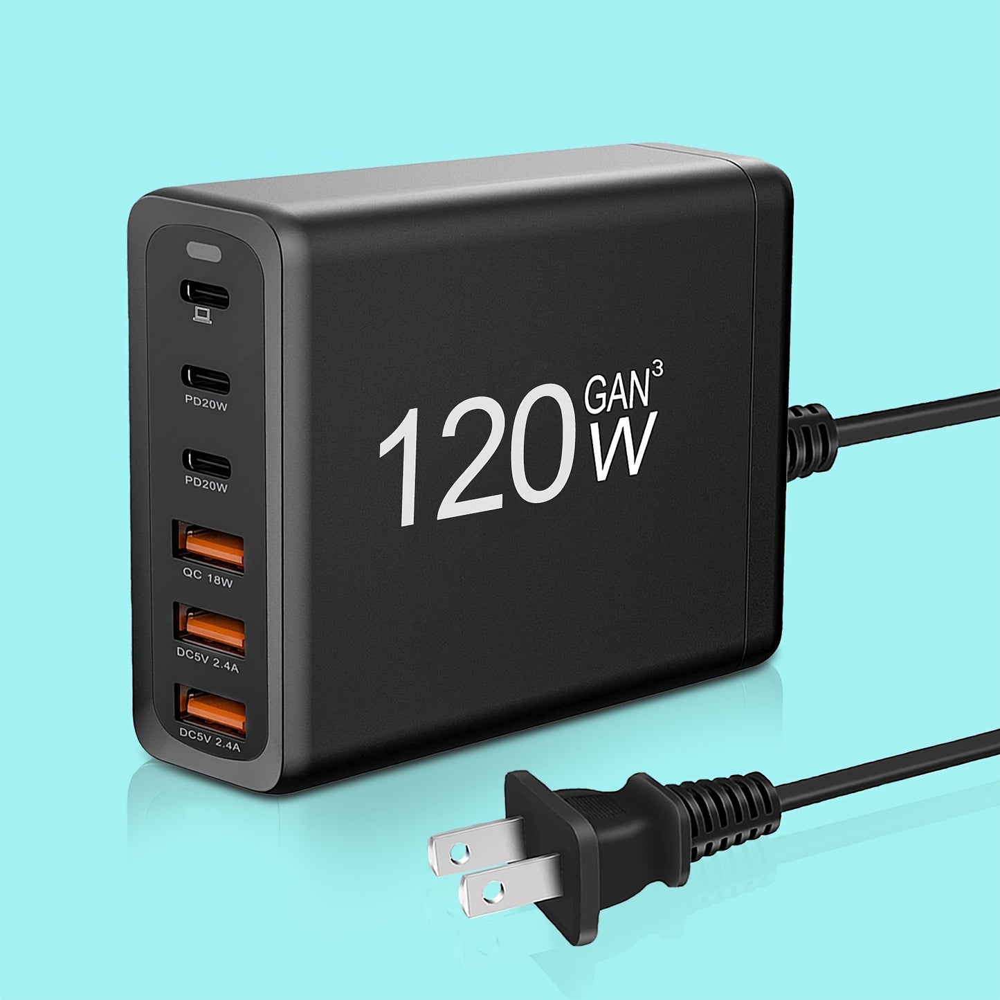 6-Port PD Fast Charger - Rapid Charging, Compact, and Foldable - Compatible with MacBook Pro/Air, iPad Pro, iPhone 14/13/12, Galaxy Note20 S22, Pixel with 5Ft AC Extension Cord