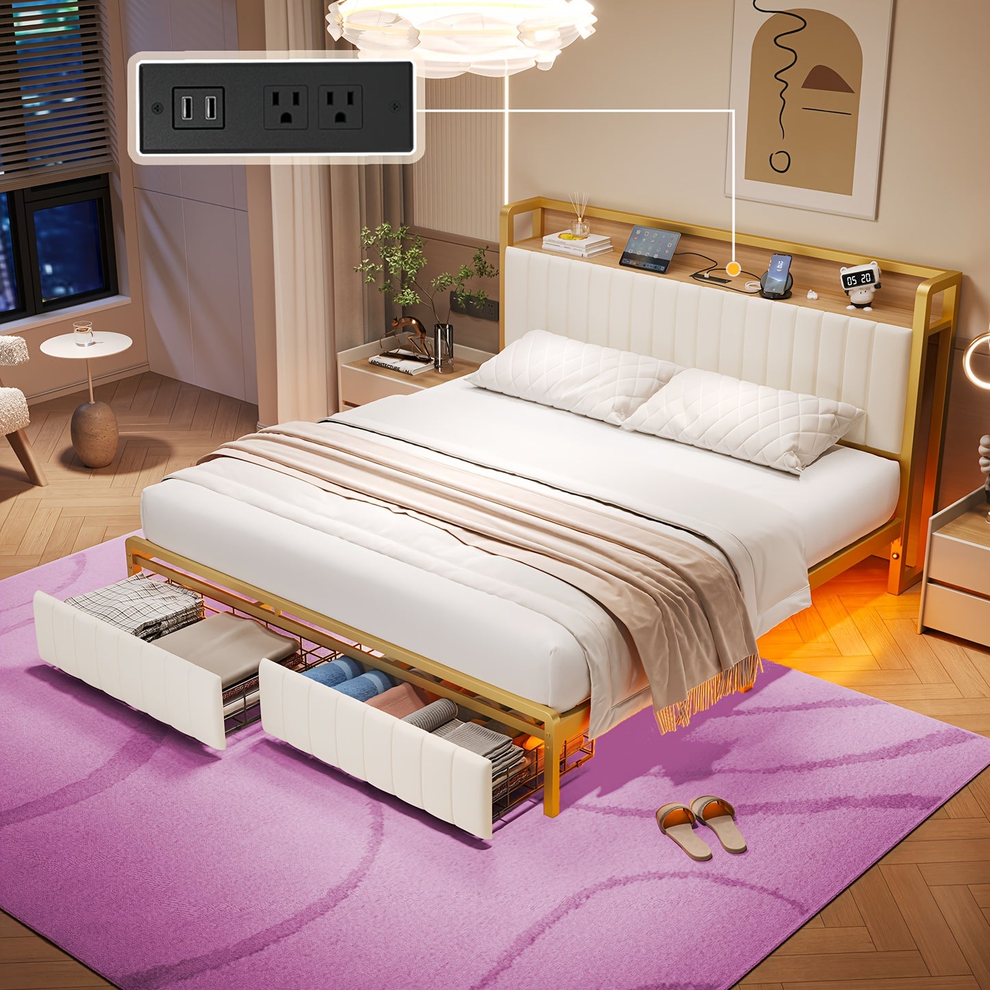 PaPaJet Bed Frame with Motion Sensor Lights and Integrated Drawer Velvet Platform Bed, Storage Headboard/Charging Station/Noiseless/Easy to Assemble