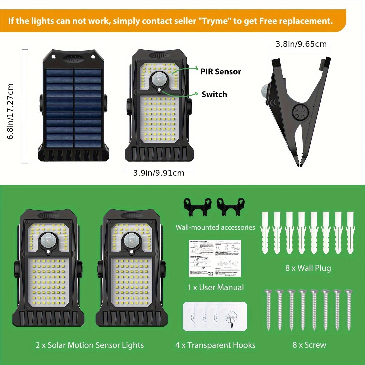 Tryme 90LEDs Solar Lights Outdoor Clip Motion Sensor Lights 3 Modes 3 Mounting Ways Security Light For Chain Link Fence Camping Gate (2 Pack)