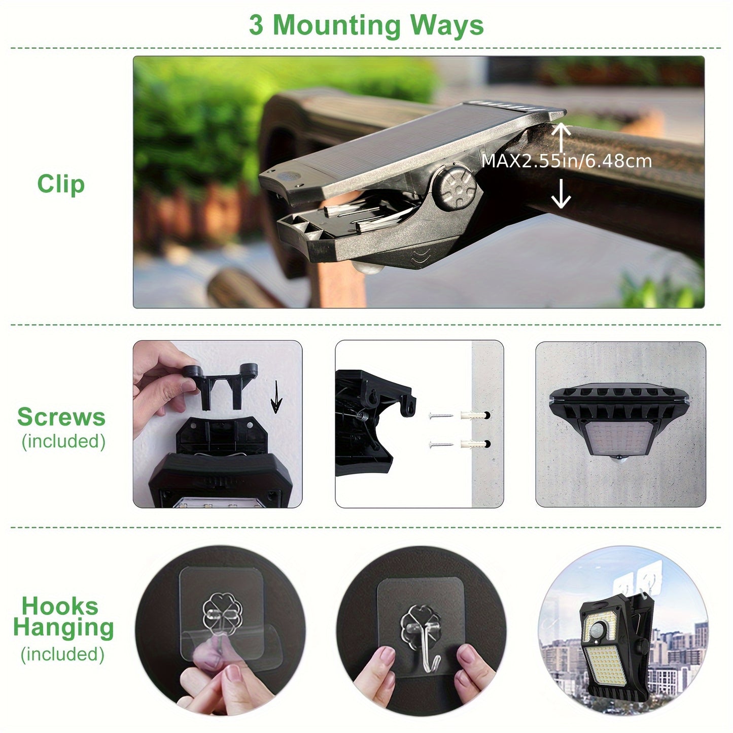 Tryme 90LEDs Solar Lights Outdoor Clip Motion Sensor Lights 3 Modes 3 Mounting Ways Security Light For Chain Link Fence Camping Gate (2 Pack)