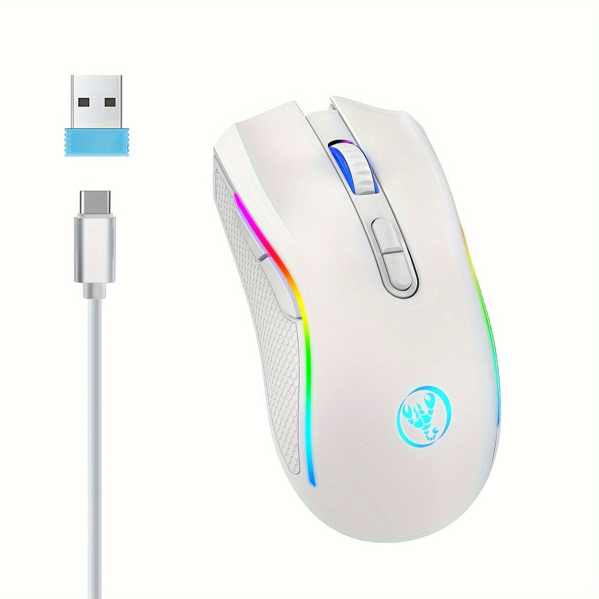 HXSJ RGB Wireless Mouse - 2.4G, Rechargeable with USB Plug & Play, Adjustable DPI up to 4800, Optical Sensor for Gaming and Office Use, Black/White