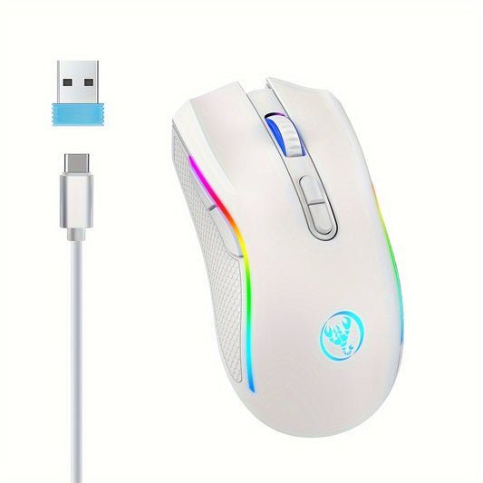 HXSJ RGB Wireless Mouse - 2.4G, Rechargeable with USB Plug & Play, Adjustable DPI up to 4800, Optical Sensor for Gaming and Office Use, Black/White