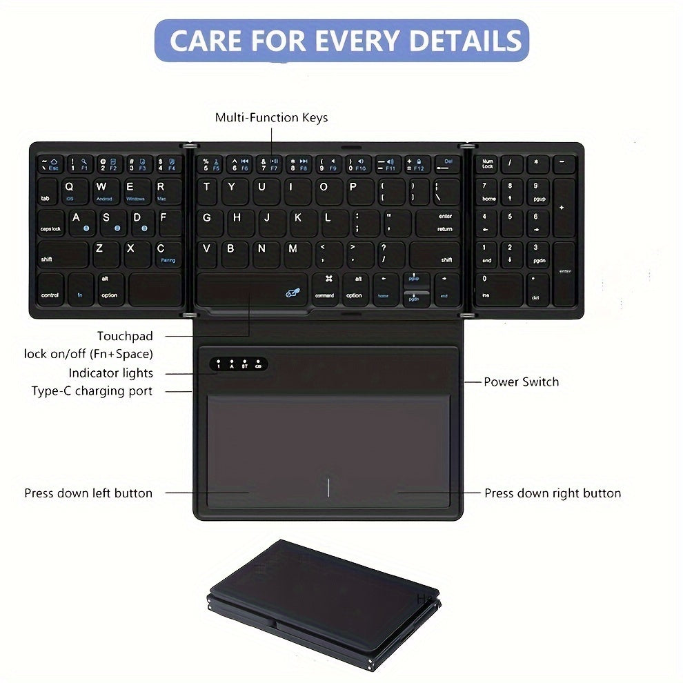 1pc JOMAA Compact Folding Wireless Keyboard for iPad Air 2, Touchpad Design, Windows 10 Compatible, USB Cable Included, Rechargeable Polymer Battery, Smart Hand Orientation, Wireless Connectivity