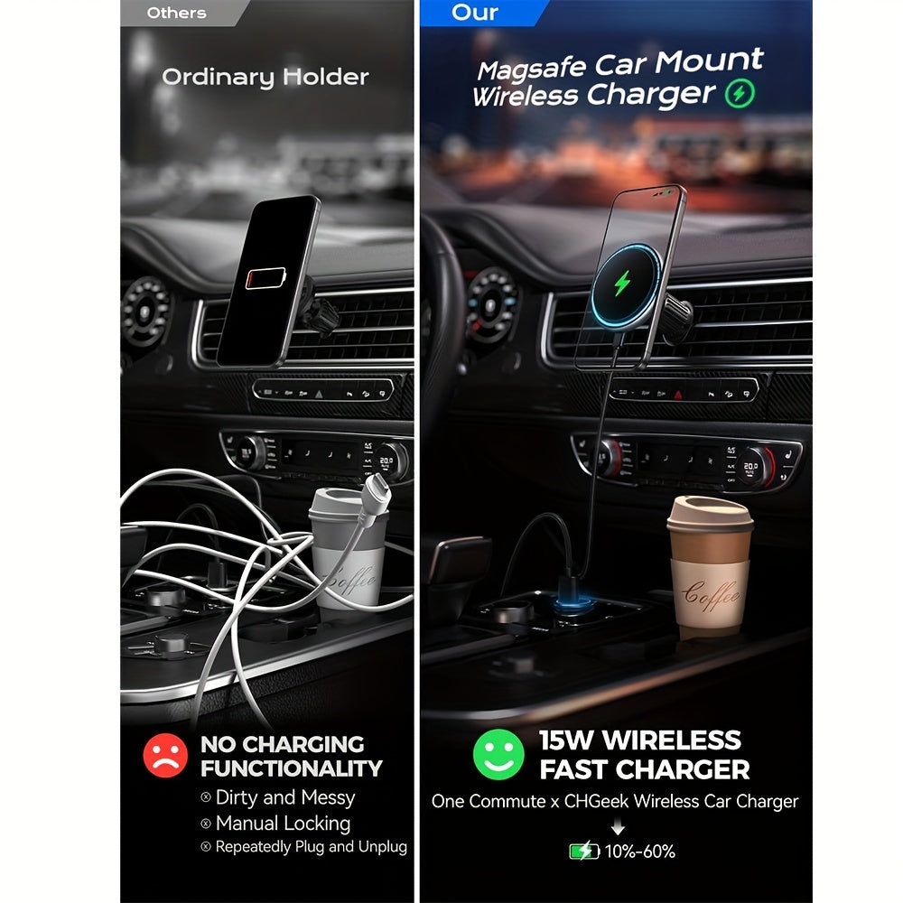 Car Mount Charger, 15W Fast Charging LED Magnetic Wireless Car Charger, Air Vent Phone Holders for Your Car Car Phone Holder for iPhone 15/14/13/12 Fast Charging Case