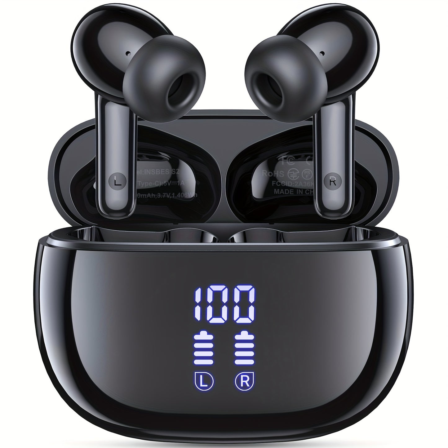 V5.3 Wireless Earbuds with Touch Control, Hi-Fi Stereo, ENC Noise Cancelling Mic, LED Power Display, and Charging Case for Sports Workout