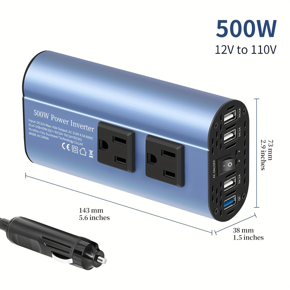 [500W Peak Power] 500W Car Power Inverter Converter - DC 12V to AC 110V, LCD Display, Dual AC Outlets, 4 USB Car Chargers - For Cars, Homes, Laptops, Trucks