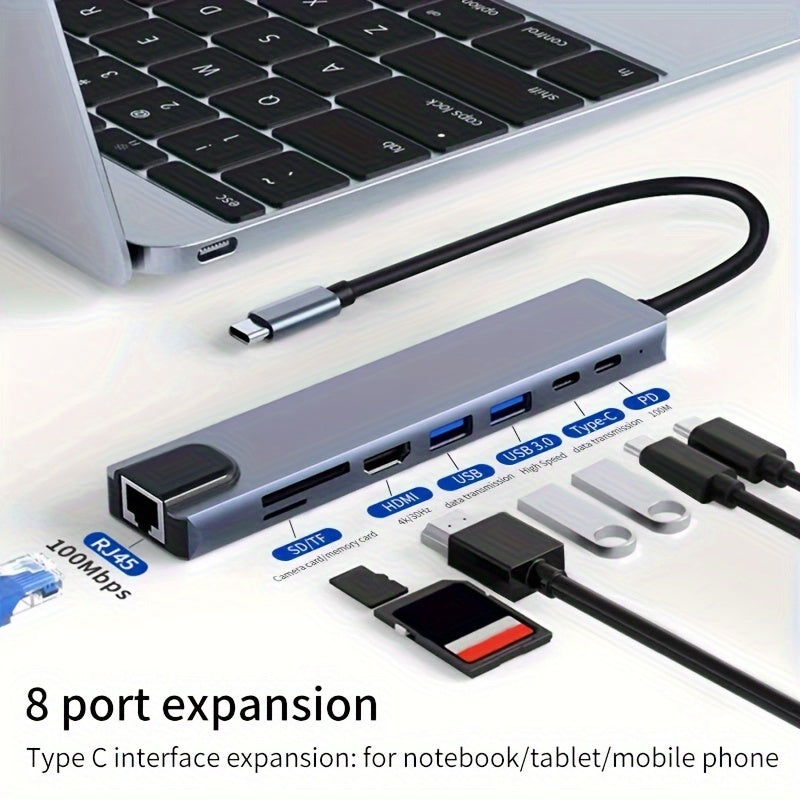 8 in 1 USB C Hub Type C to 4K HDTV Adapter with 100M RJ45 SD/TF Card Reader Fast Charger for MacBook Notebook Windows Laptop Computer