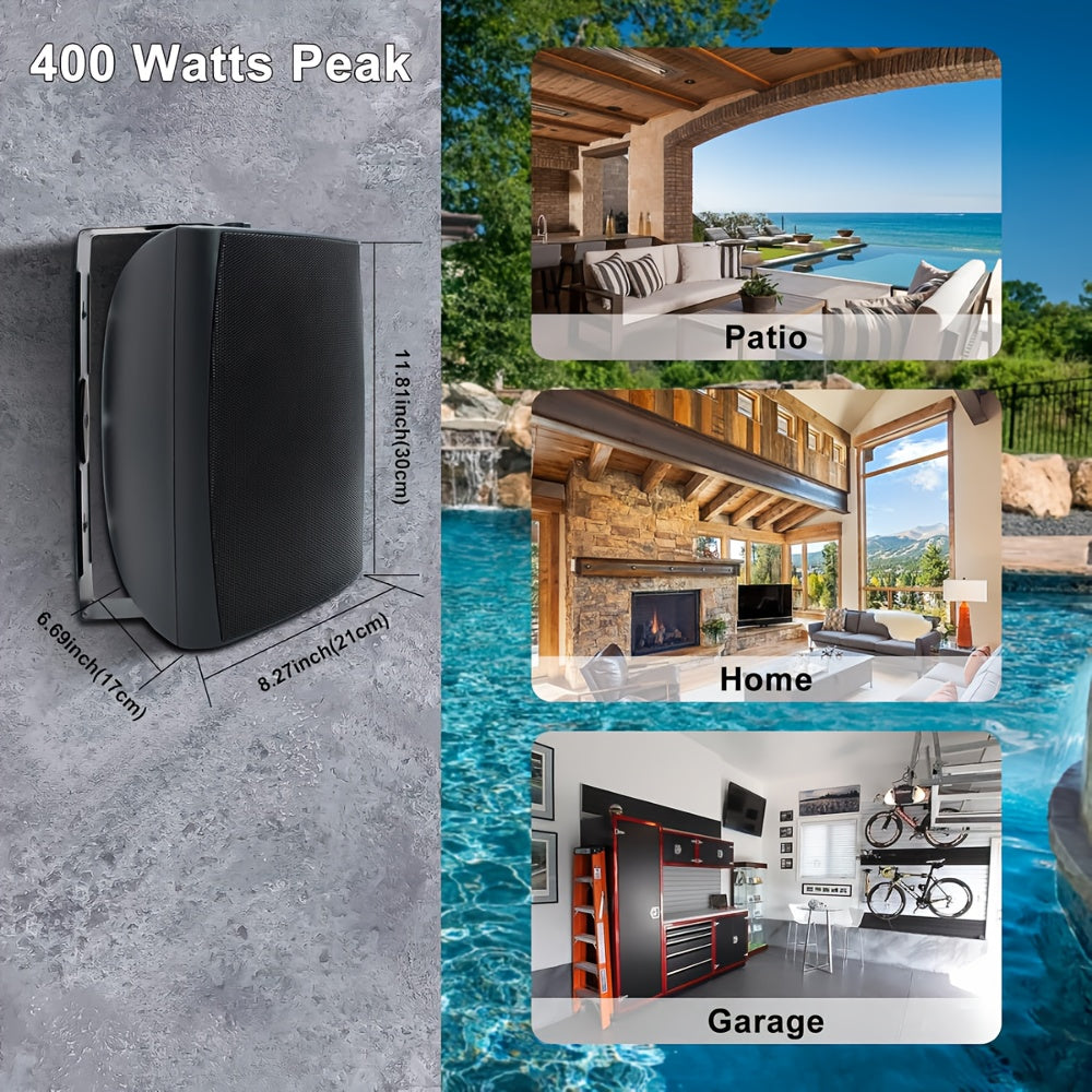 STUDIOFINIX 6.5 Inches Indoor Outdoor Bluetooth Speakers Wired 400 Watts with Powerful Bass, 2 Way Wall Mount Speakers All-Weather Durability for Patio Home Deck Porch Backyard(Pair, Black)