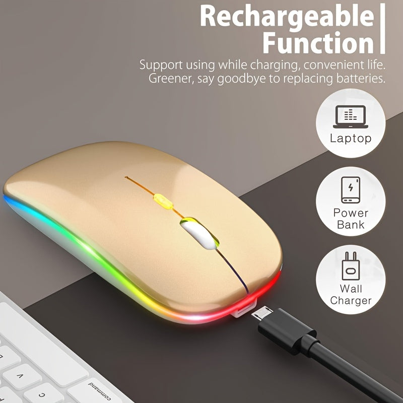 Ultra-Slim Wireless Mouse with LED Lighting - Dual Mode Rechargeable, Silent Operation, Portable Wireless 5.2+USB Receiver for Laptops, Desktops & Tablets