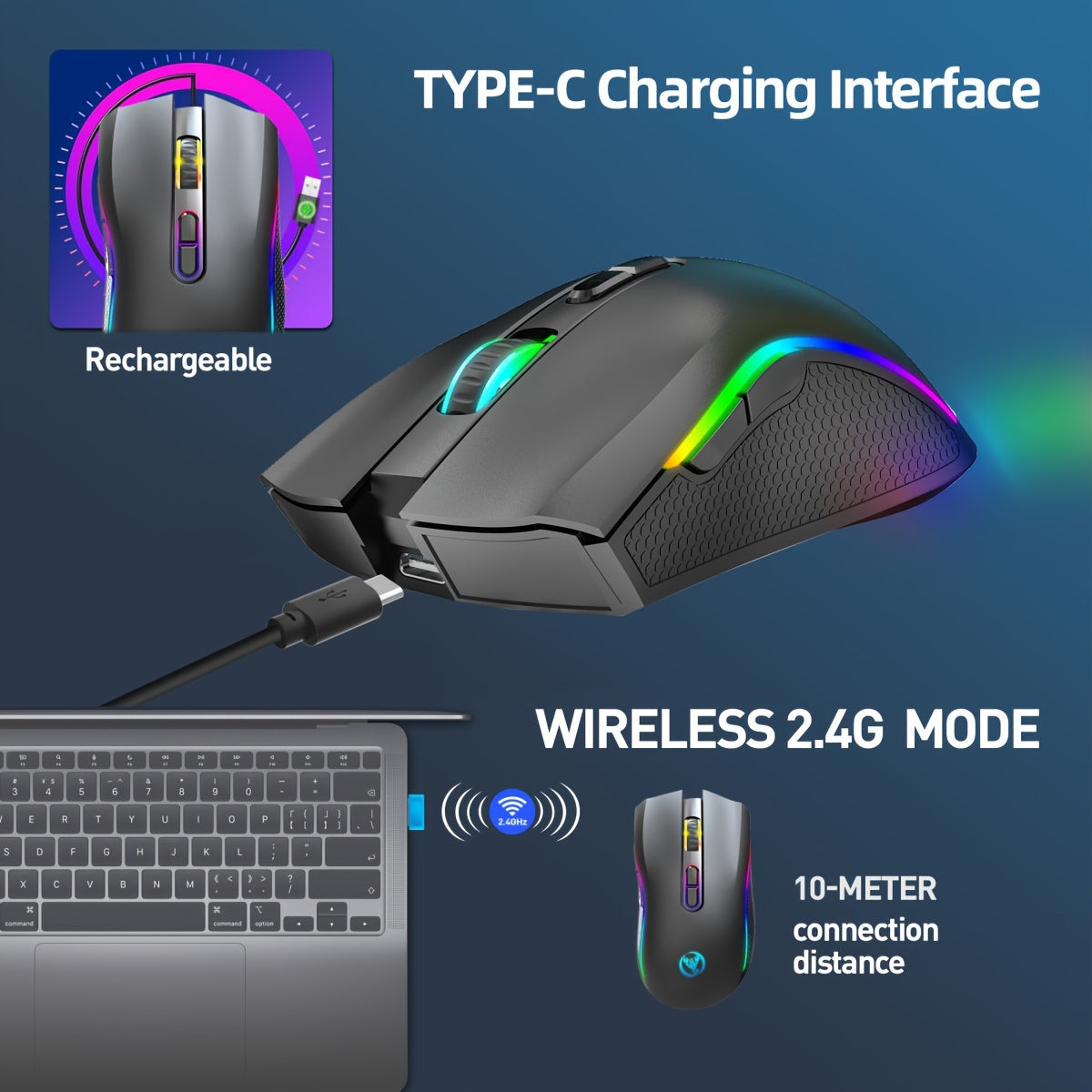 HXSJ RGB Wireless Mouse - 2.4G, Rechargeable with USB Plug & Play, Adjustable DPI up to 4800, Optical Sensor for Gaming and Office Use, Black/White