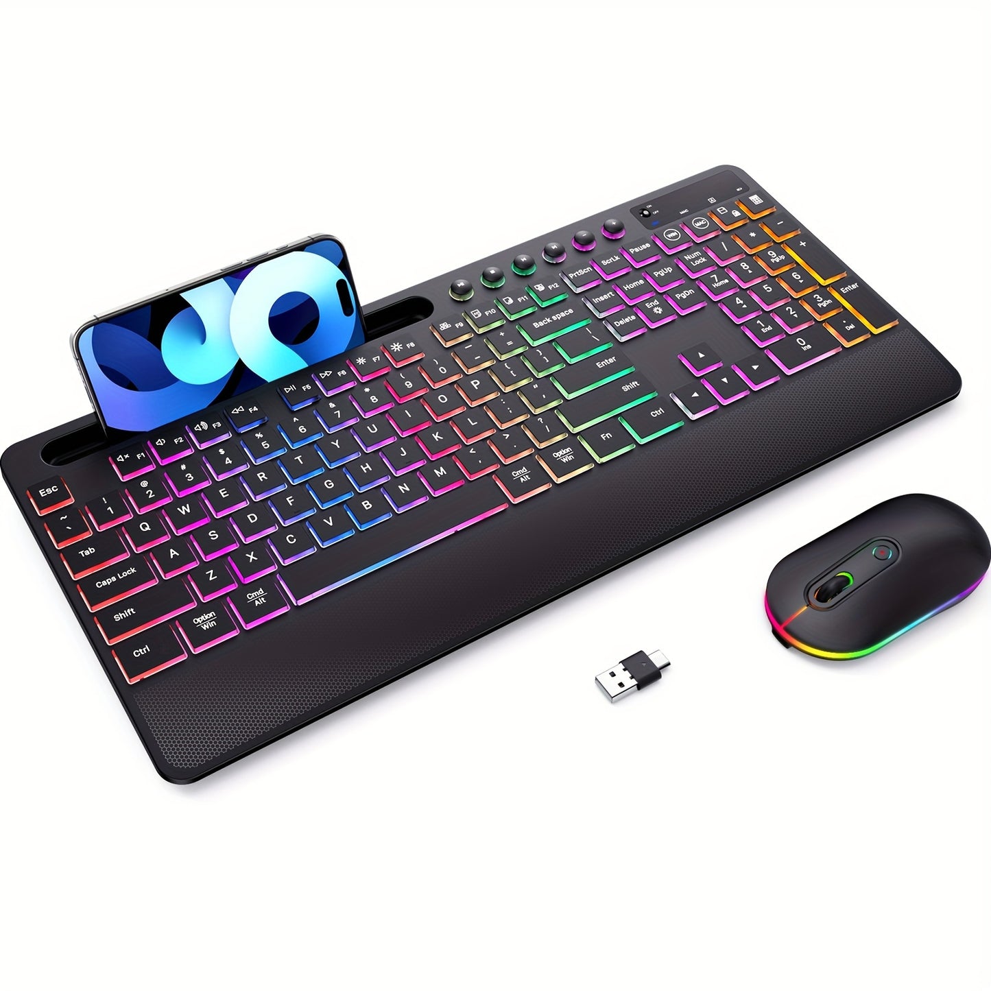 Wireless Keyboard And Mouse Backlit, 2.4GHz Lag-Free Rechargeable Keyboard Full-Size With Phone Holder Tablet Holder, Silent Ergonomic Wireless Keyboard Mouse Combo For Computer, PC, Laptop