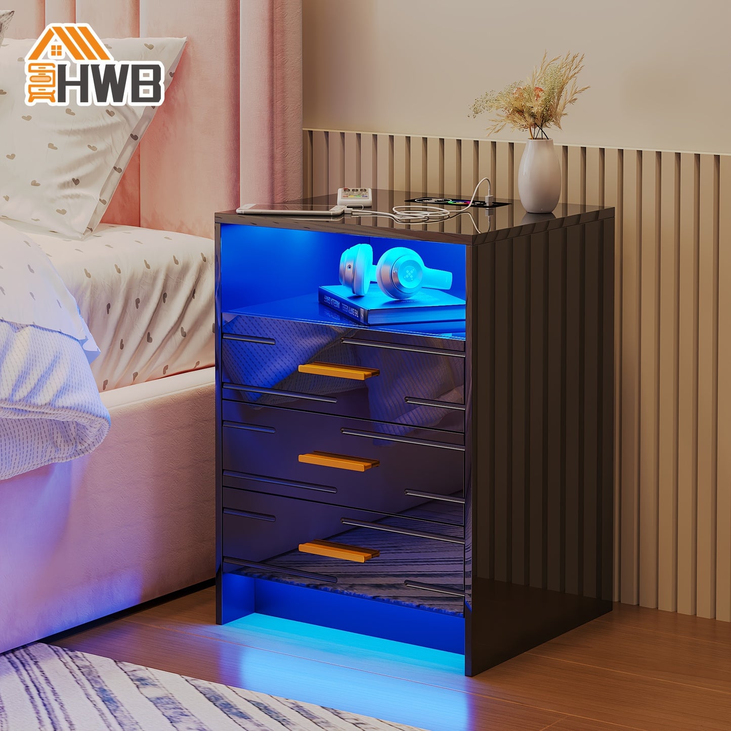HWB RGB LED Nightstand with Wireless Charging Station, Smart Night Stand with Motion Sensor Lights, High Gloss White Nightstand with 3 Drawers for Bedroom, Modern Bedside Tables