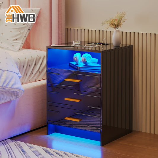 HWB RGB LED Nightstand with Wireless Charging Station, Smart Night Stand with Motion Sensor Lights, High Gloss White Nightstand with 3 Drawers for Bedroom, Modern Bedside Tables