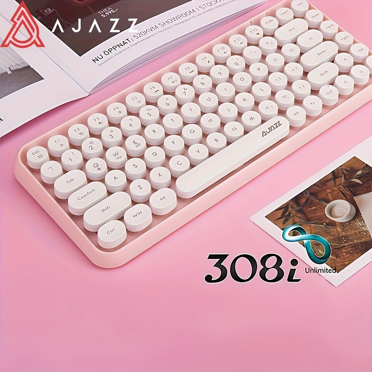AJAZZ NACODEX 84 Keys Pink Wireless Keyboard With Cute Retro Round Keycaps, Comfortable Ergonomic Typewriter Keyboard Compatible With Android Windows IOS Suitable For Home And Office Keyboards