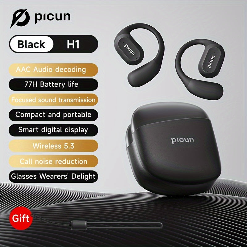 Picun H1 Ultra-Lightweight Wireless Earbuds - True Open Ear Design for Unmatched Comfort - HD Sound with CVC Noise Cancellation - LED Power Display & Touch Control - Perfect for Running, Cycling, and Workouts