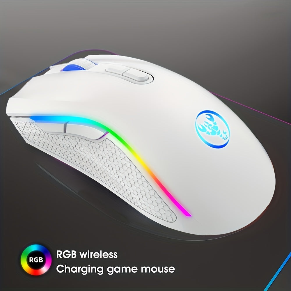 HXSJ RGB Wireless Mouse - 2.4G, Rechargeable with USB Plug & Play, Adjustable DPI up to 4800, Optical Sensor for Gaming and Office Use, Black/White