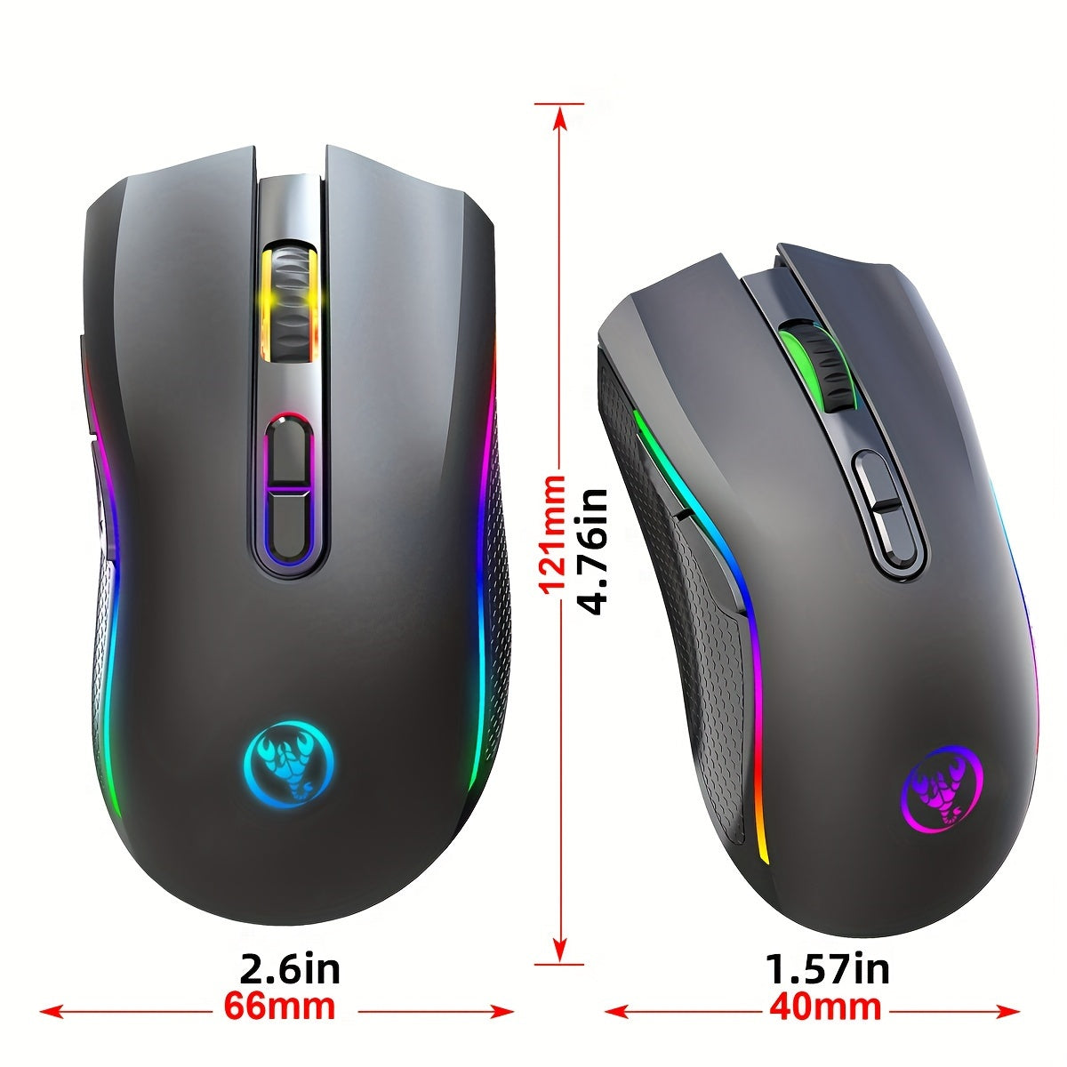 HXSJ RGB Wireless Mouse - 2.4G, Rechargeable with USB Plug & Play, Adjustable DPI up to 4800, Optical Sensor for Gaming and Office Use, Black/White