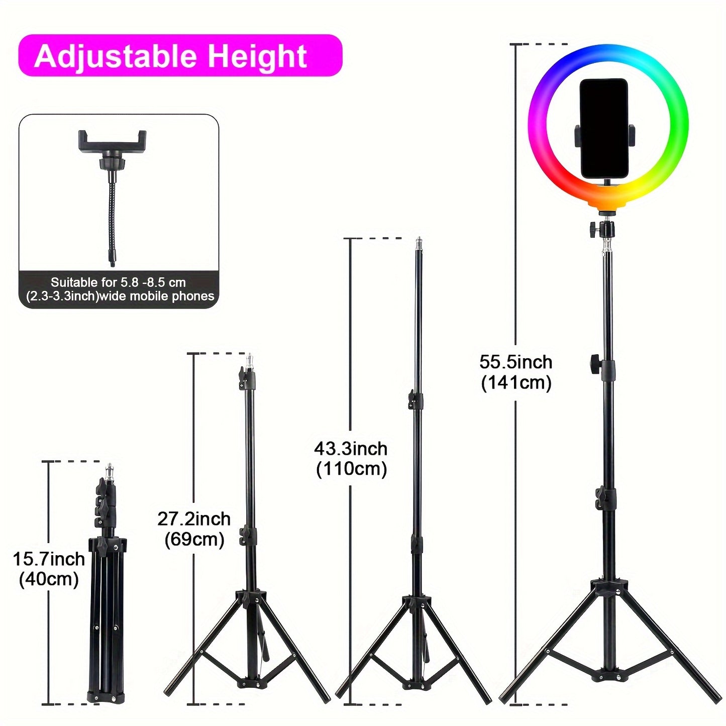 10" Ring Light and Adjustable Stand With 2 Phone Holders - 38 Vibrant Color Modes with Stepless Dimming/Speed Control - Perfect for Makeup, Photography, and Live Streams