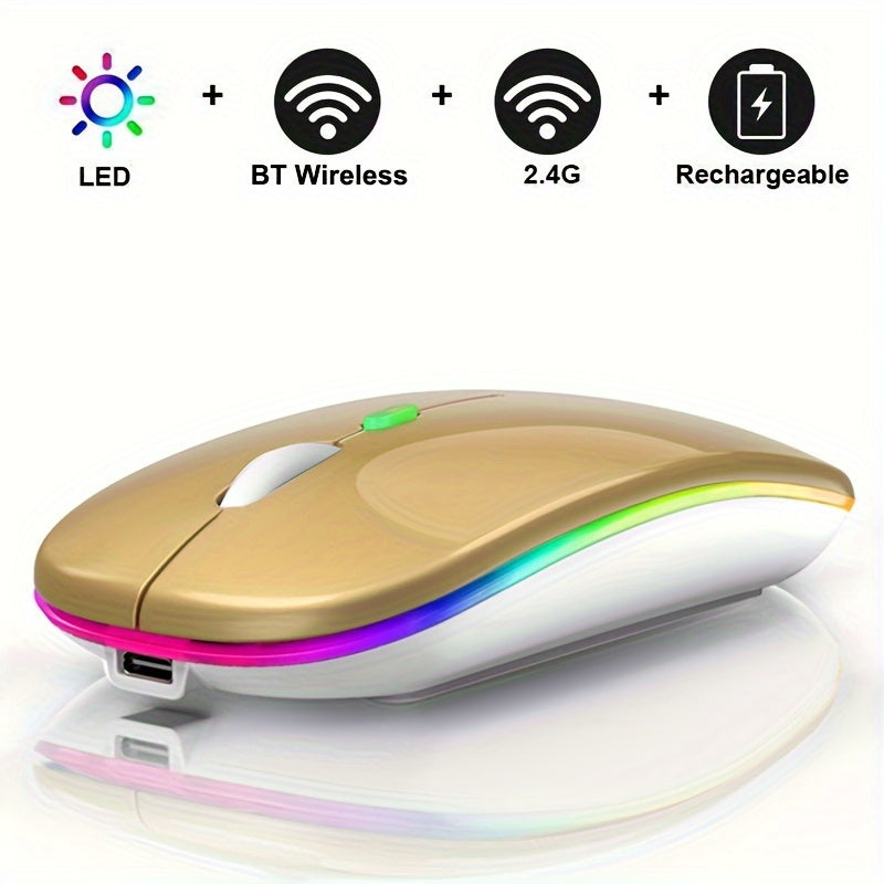 Ultra-Slim Wireless Mouse with LED Lighting - Dual Mode Rechargeable, Silent Operation, Portable Wireless 5.2+USB Receiver for Laptops, Desktops & Tablets